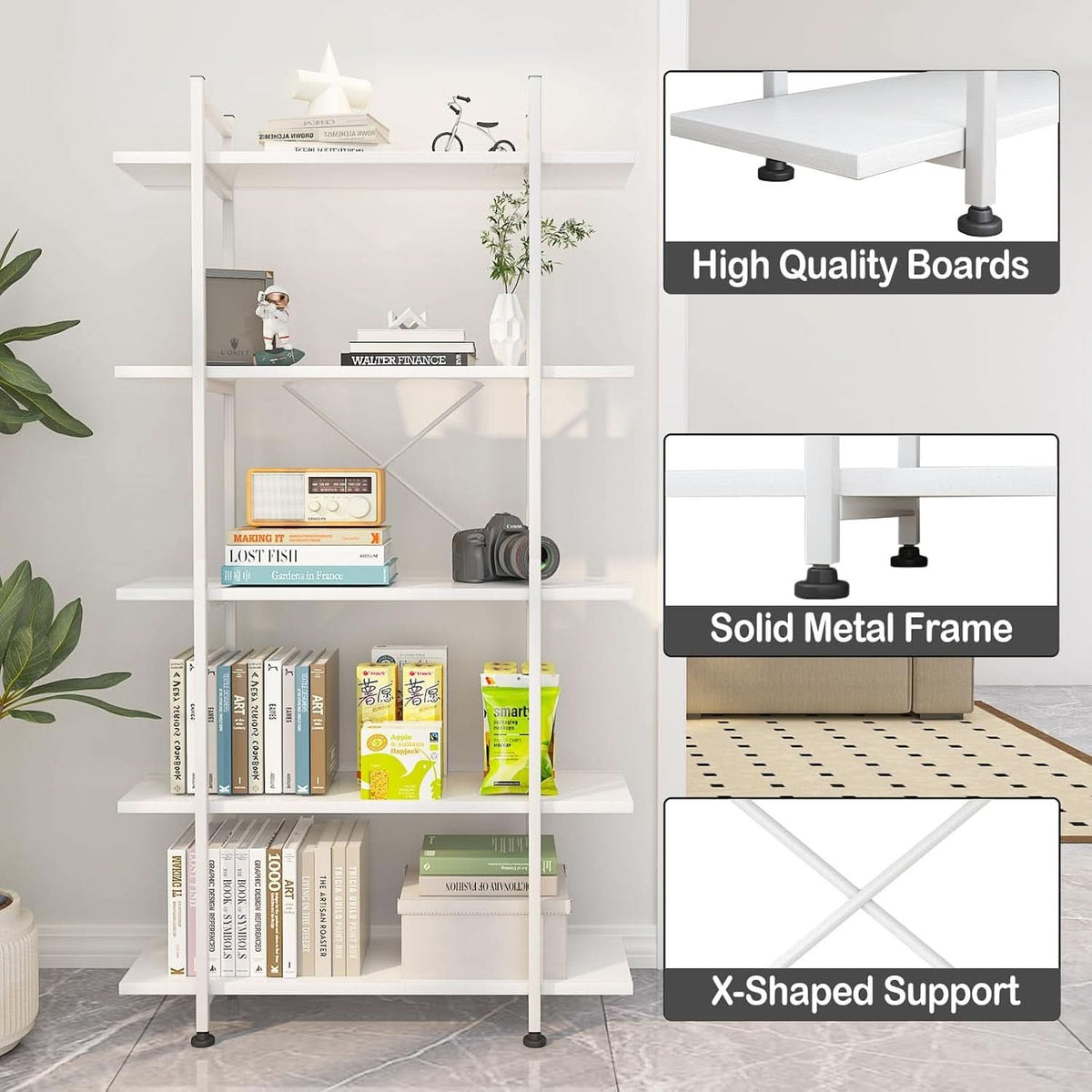 White 5-Tier Wooden Bookcase Storage Organizer