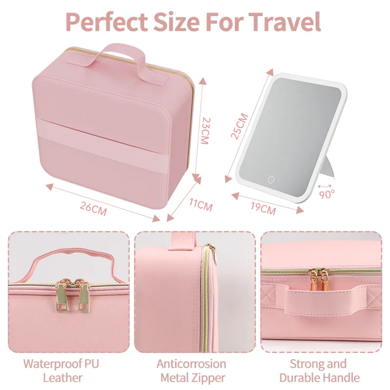 LED Light Makeup Bag with Mirror Vanity Organizer