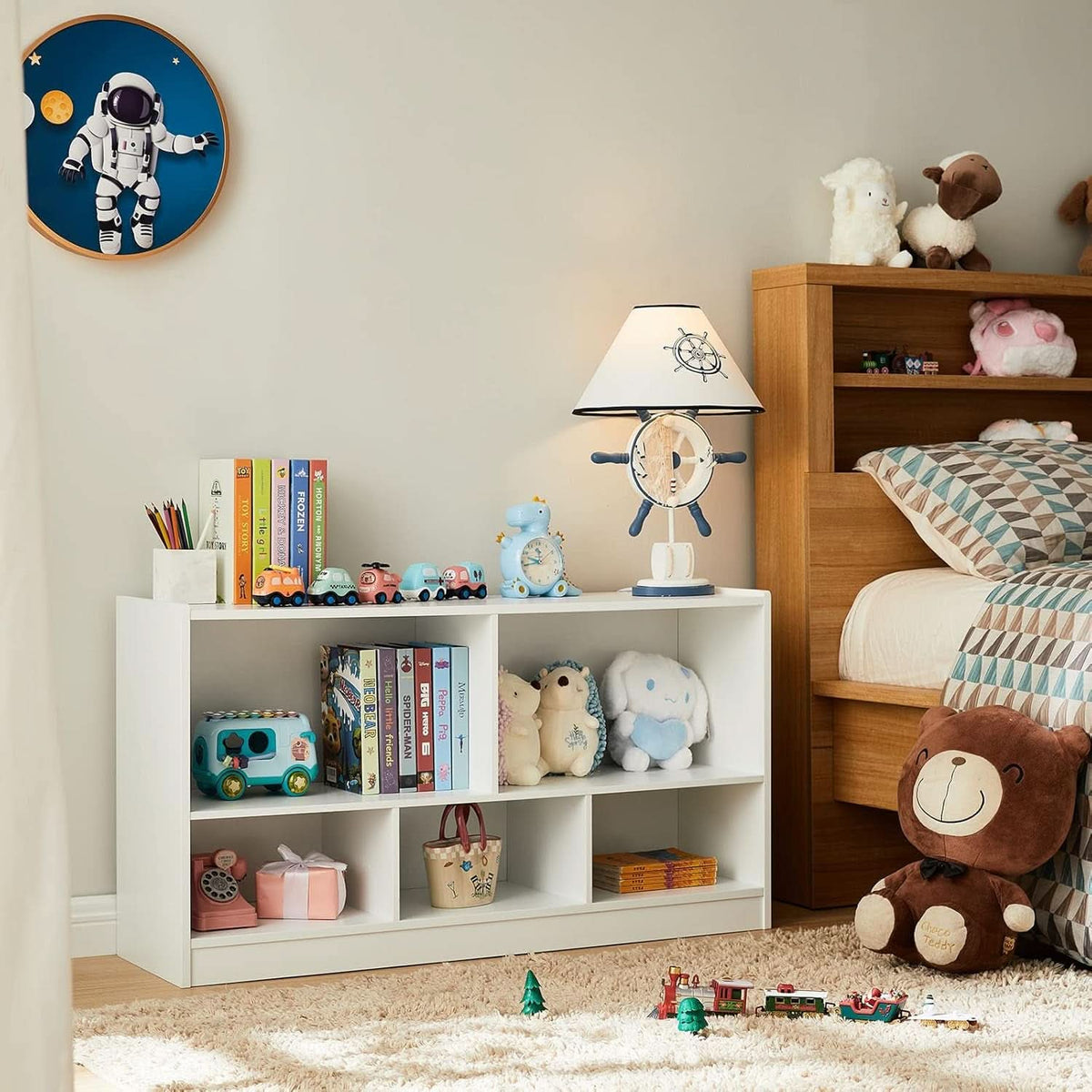 Wooden Toy Organizer and Bookshelf with 5 Storage Sections