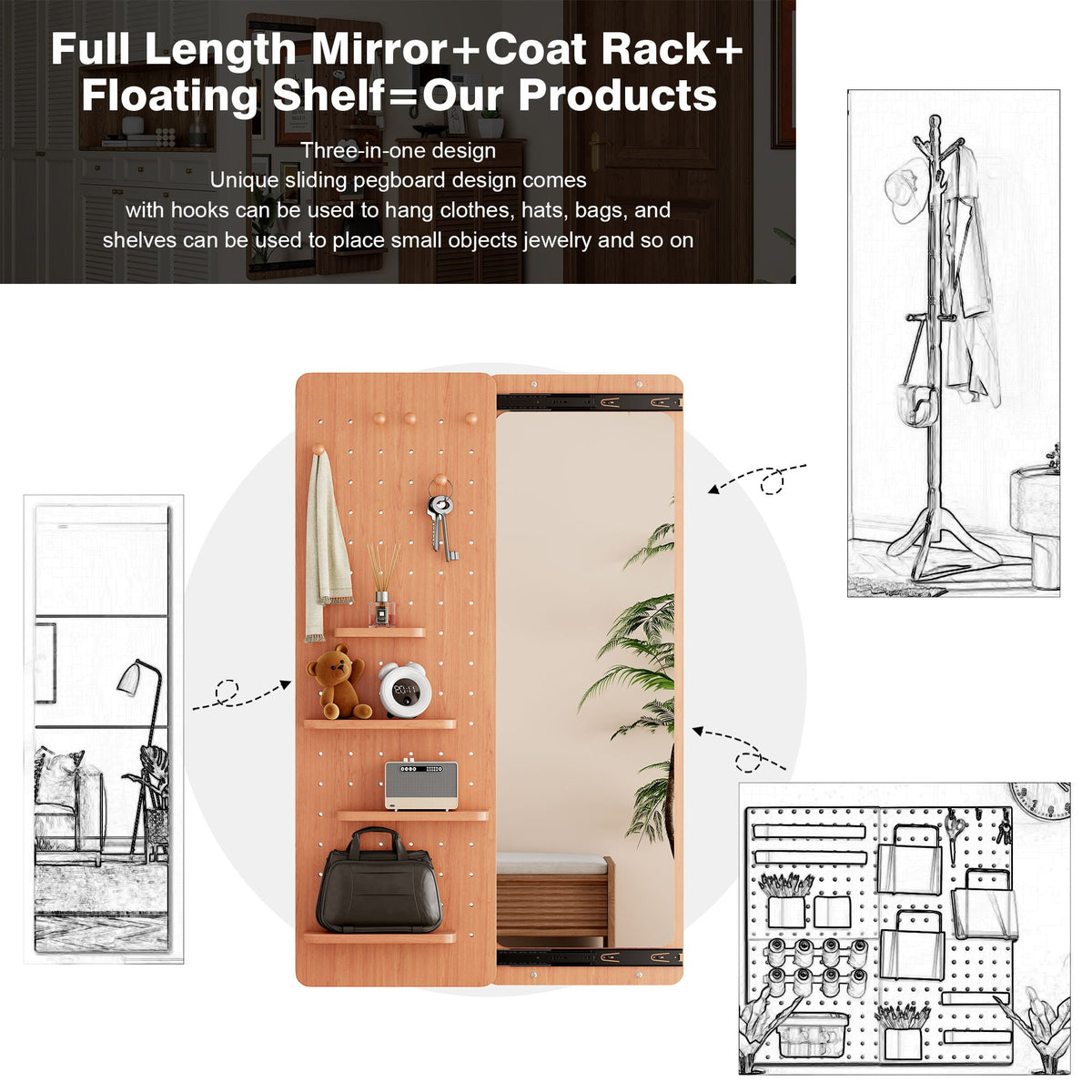 Wall Mounted Full Length Mirror with Shelf