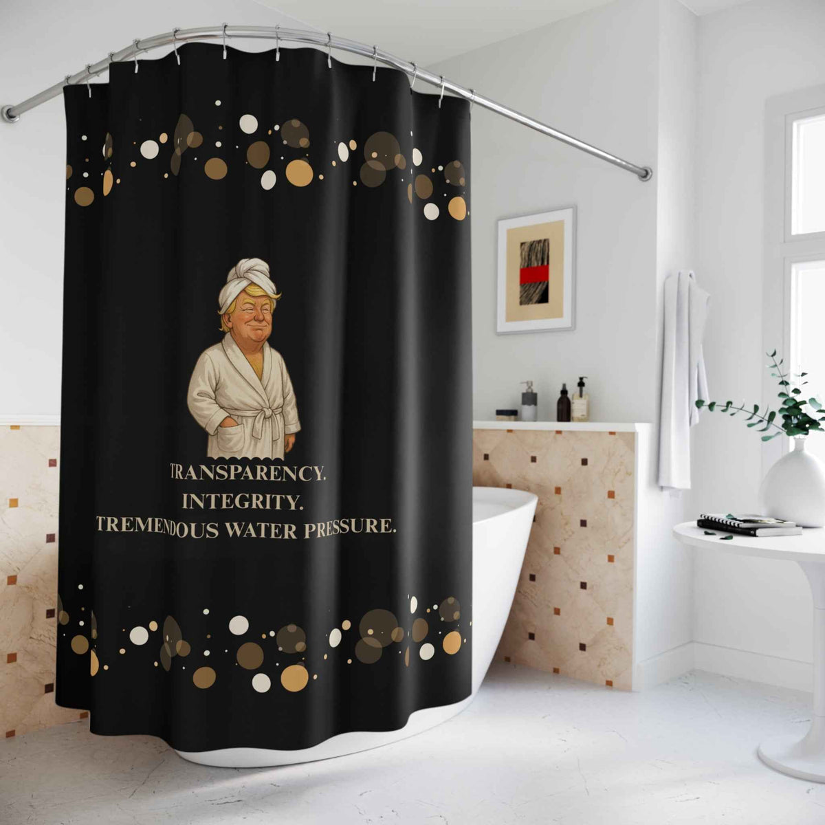 "Transparency. Integrity. Tremendous Water Pressure." Shower Curtain