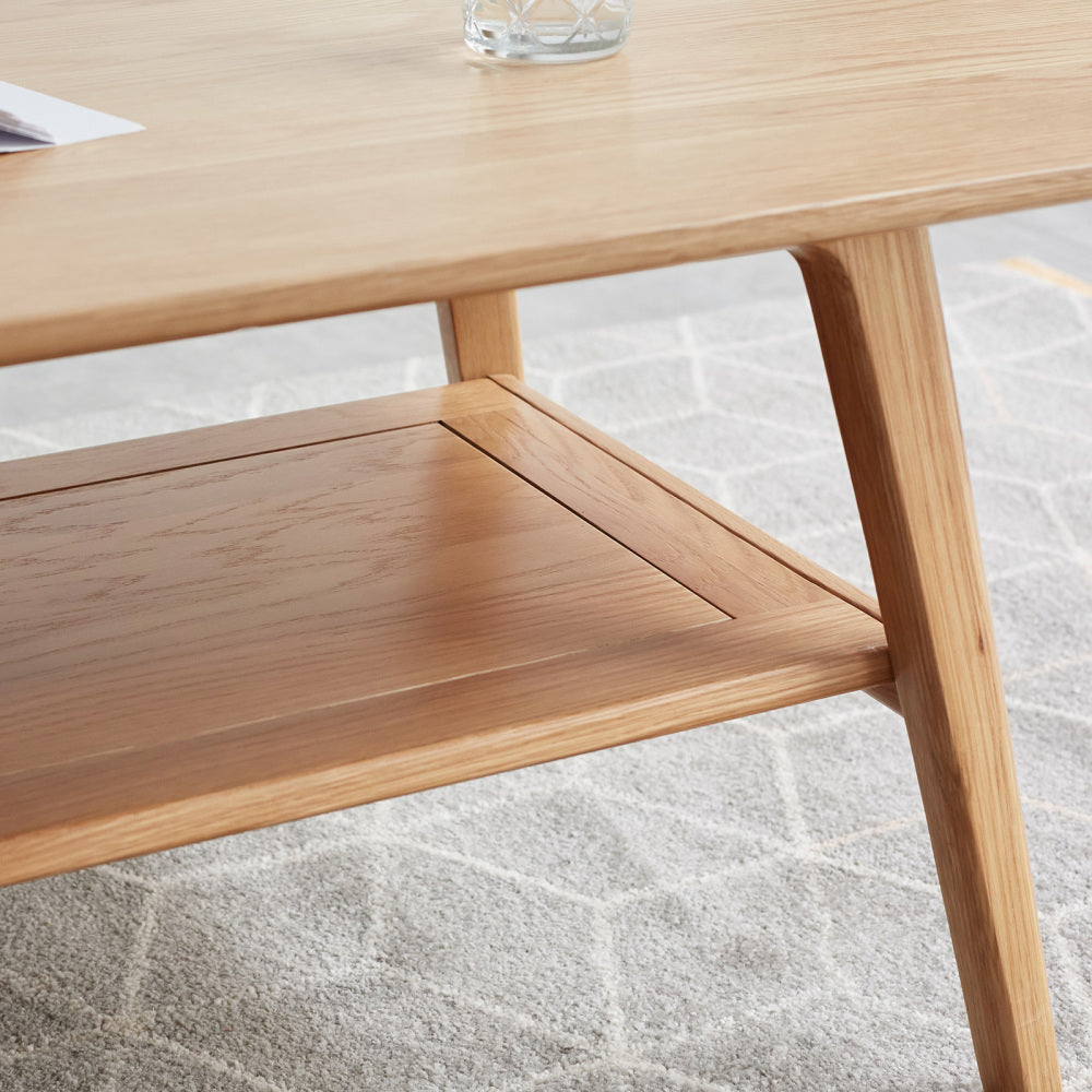 Solid Oak Wood Coffee Table with Storage Shelf