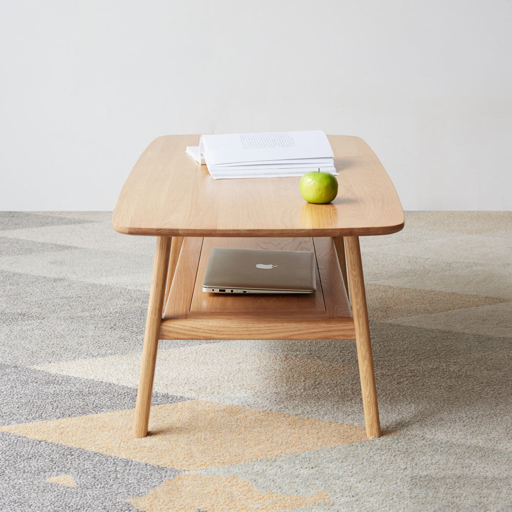 Solid Oak Wood Coffee Table with Storage Shelf
