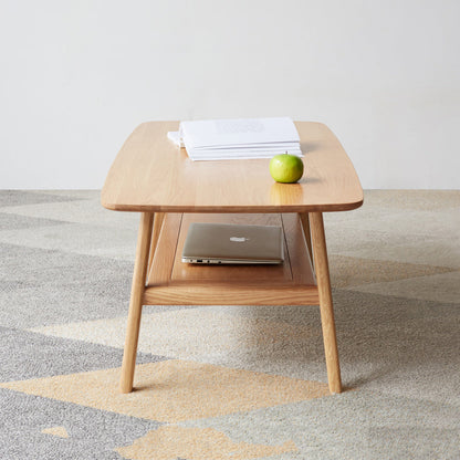 Solid Oak Wood Coffee Table with Storage Shelf