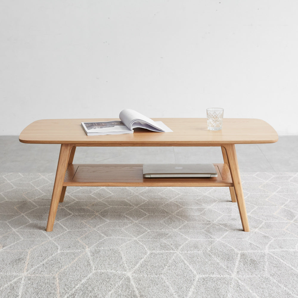 Solid Oak Wood Coffee Table with Storage Shelf