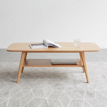 Solid Oak Wood Coffee Table with Storage Shelf