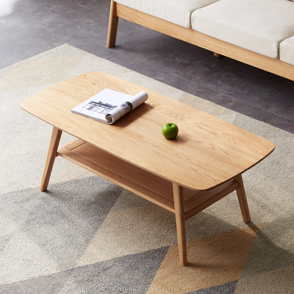 Solid Oak Wood Coffee Table with Storage Shelf