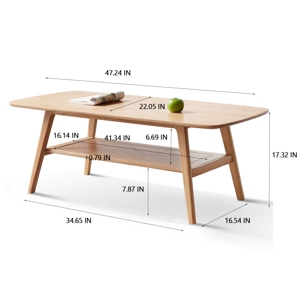 Solid Oak Wood Coffee Table with Storage Shelf
