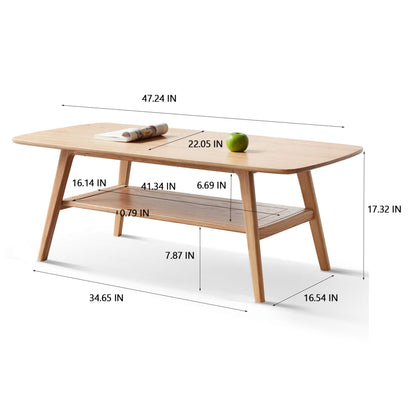 Solid Oak Wood Coffee Table with Storage Shelf