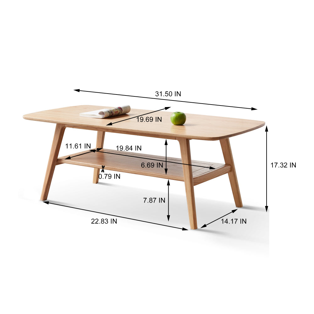 Solid Oak Wood Coffee Table with Storage Shelf