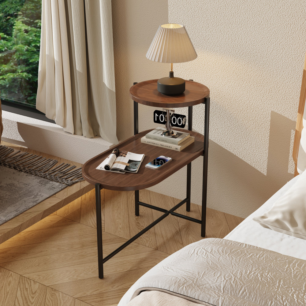 2-Tier Oval Coffee Table with Wood Storage Shelves