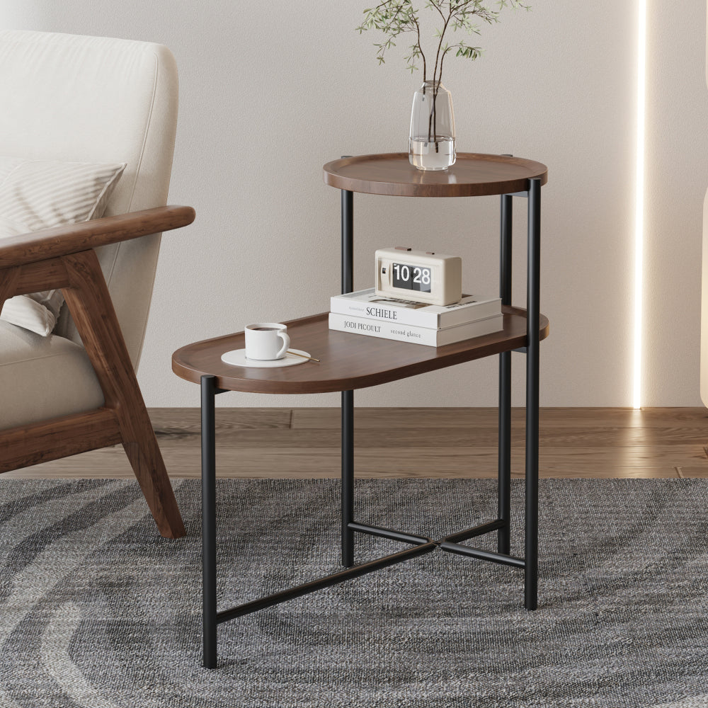 2-Tier Oval Coffee Table with Wood Storage Shelves
