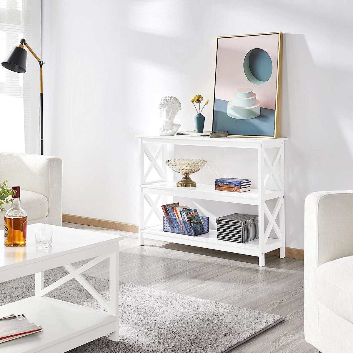 White 3-Tier Console Table with Storage Shelves