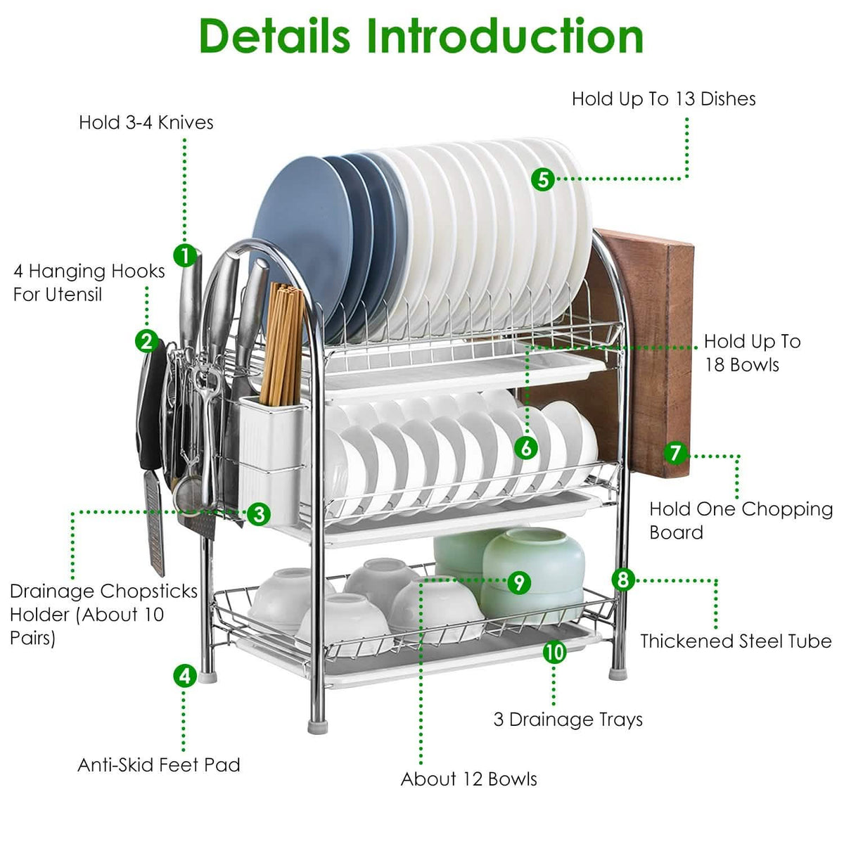3-Tier Dish Drying Rack with Drain Trays