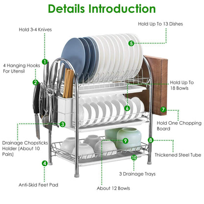 3-Tier Dish Drying Rack with Drain Trays