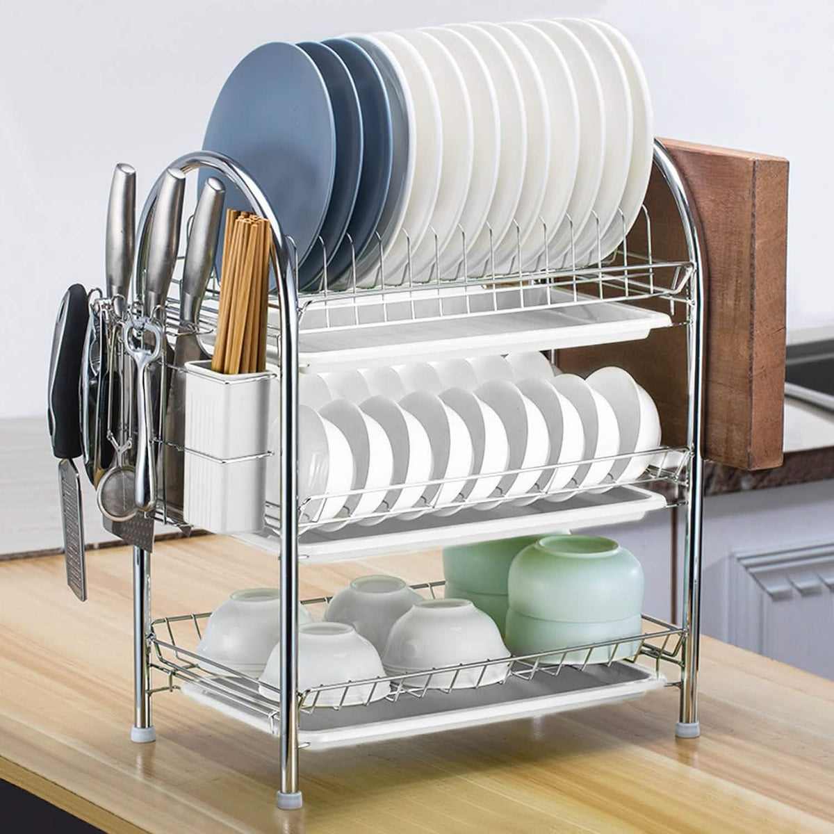 3-Tier Dish Drying Rack with Drain Trays