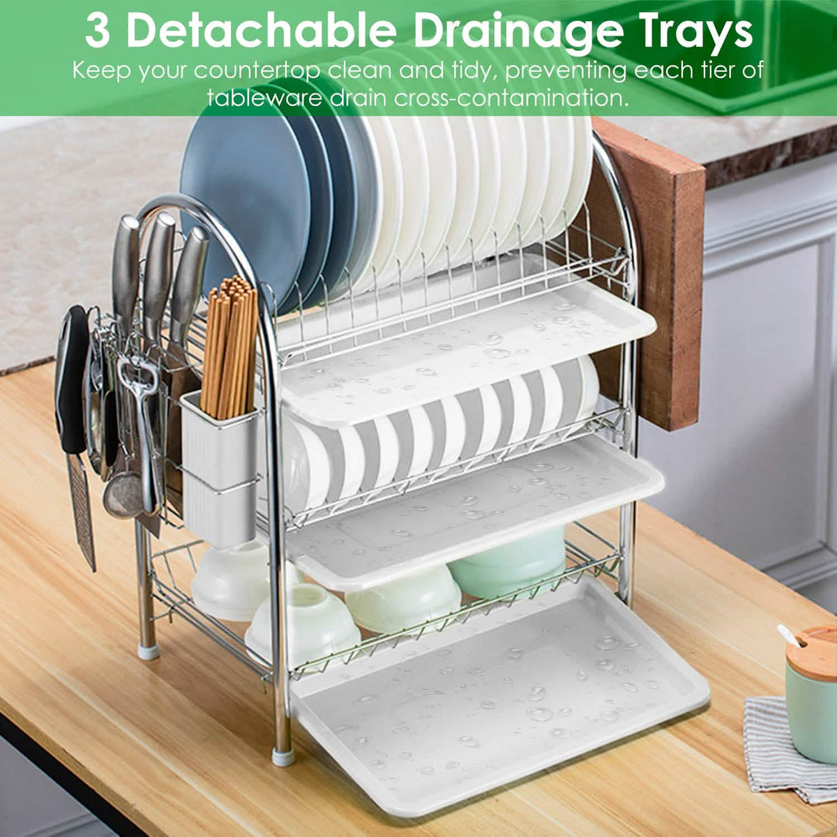 3-Tier Dish Drying Rack with Drain Trays
