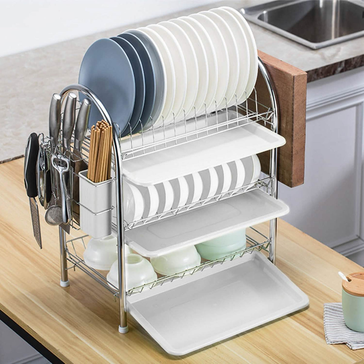 3-Tier Dish Drying Rack with Drain Trays