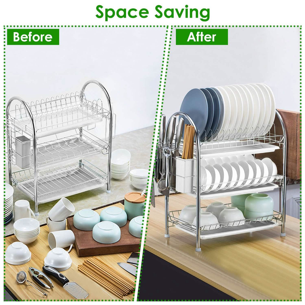 3-Tier Dish Drying Rack with Drain Trays