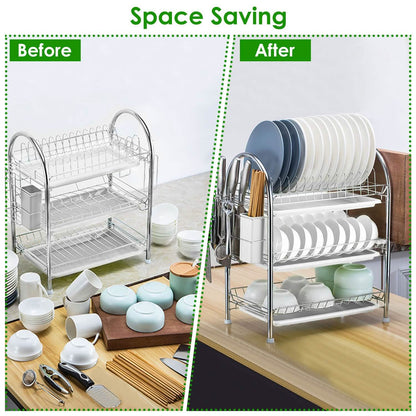 3-Tier Dish Drying Rack with Drain Trays