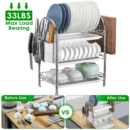 3-Tier Dish Drying Rack with Drain Trays
