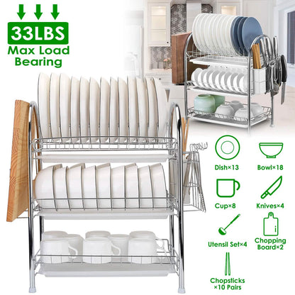 3-Tier Dish Drying Rack with Drain Trays