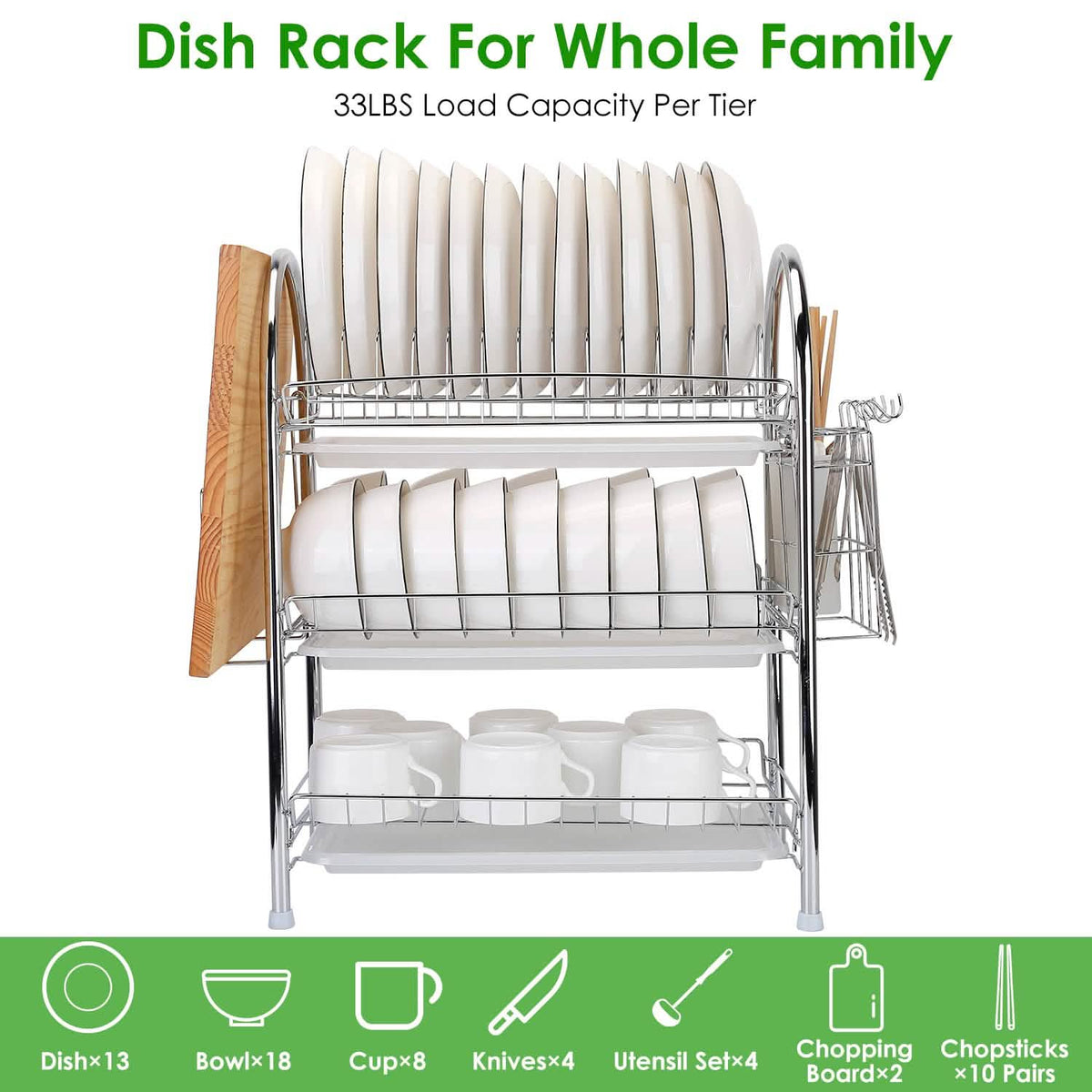3-Tier Dish Drying Rack with Drain Trays