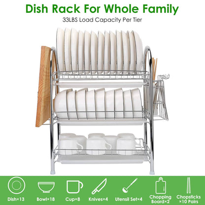 3-Tier Dish Drying Rack with Drain Trays