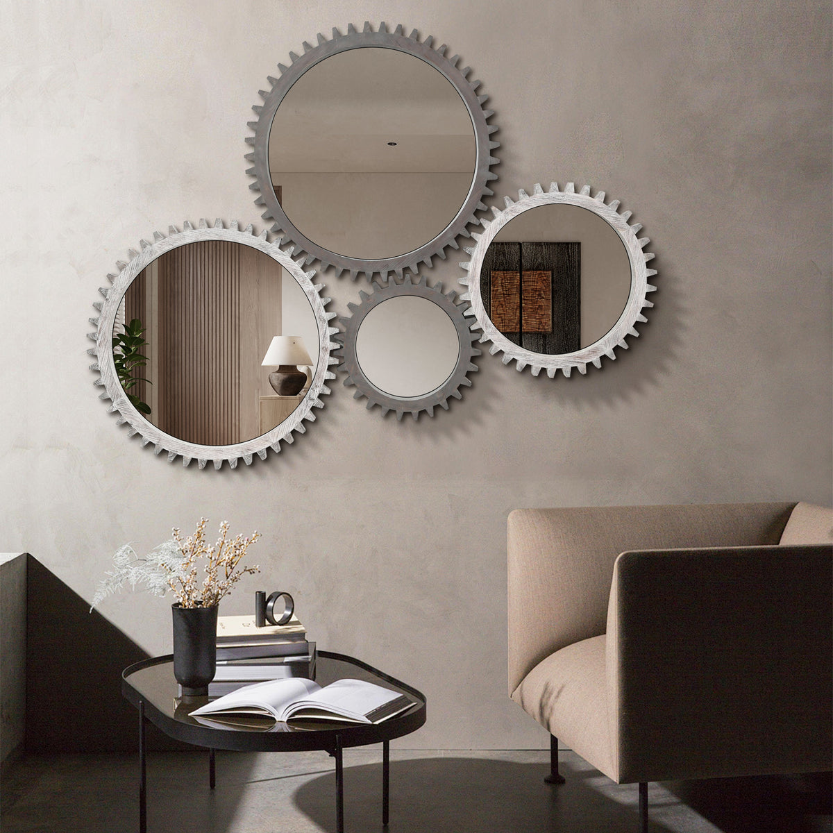 Wall Mirror Round Gear-Shape Wood Frame
