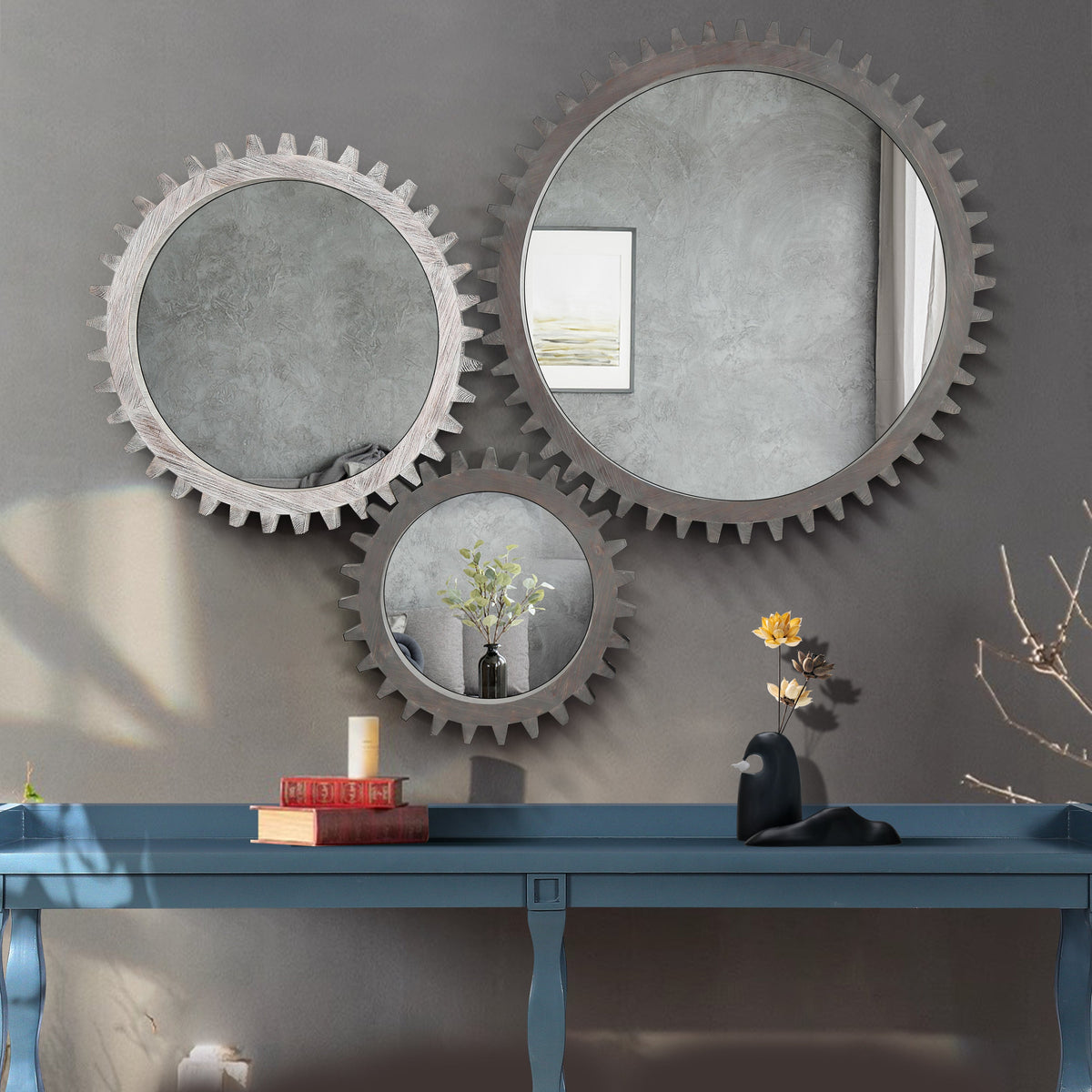 Wall Mirror Round Gear-Shape Wood Frame
