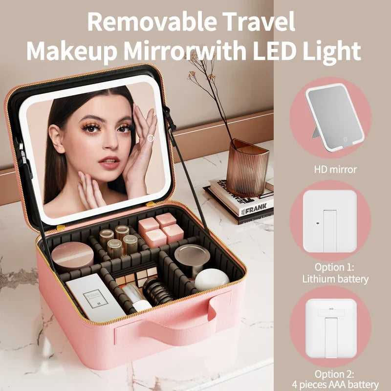LED Light Makeup Bag with Mirror Vanity Organizer