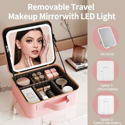 LED Light Makeup Bag with Mirror Vanity Organizer