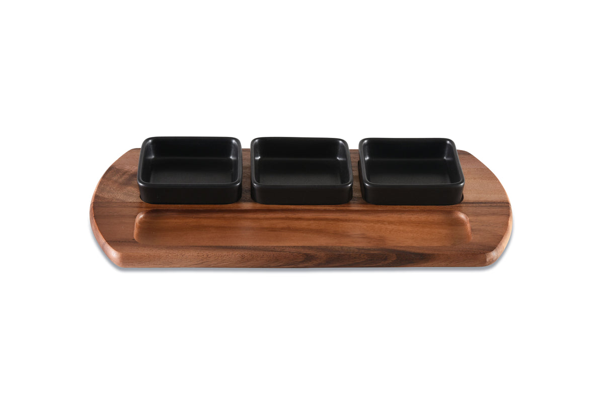 Charcuterie Serving Tray with 3 Square Ceramic Bowls