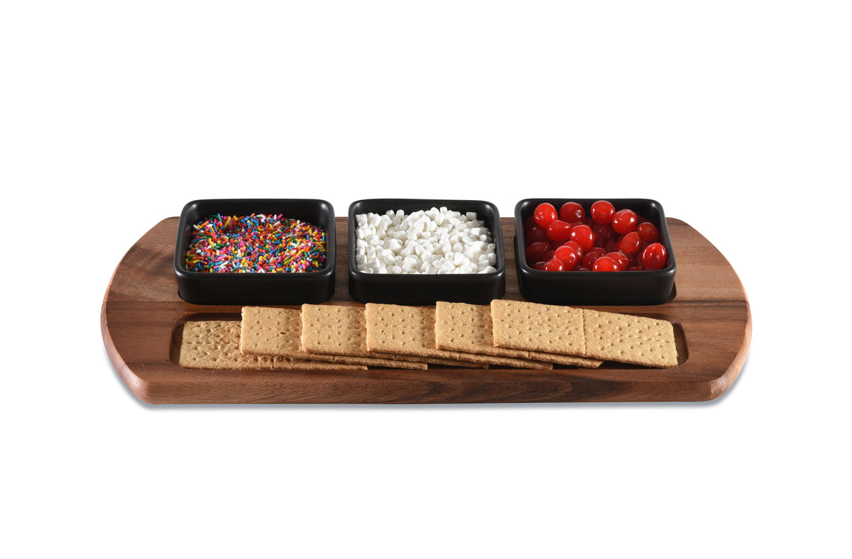 Charcuterie Serving Tray with 3 Square Ceramic Bowls