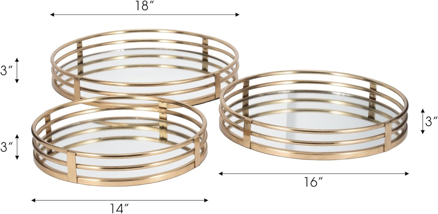 Round Mirrored Trays with Gold Metal Frame