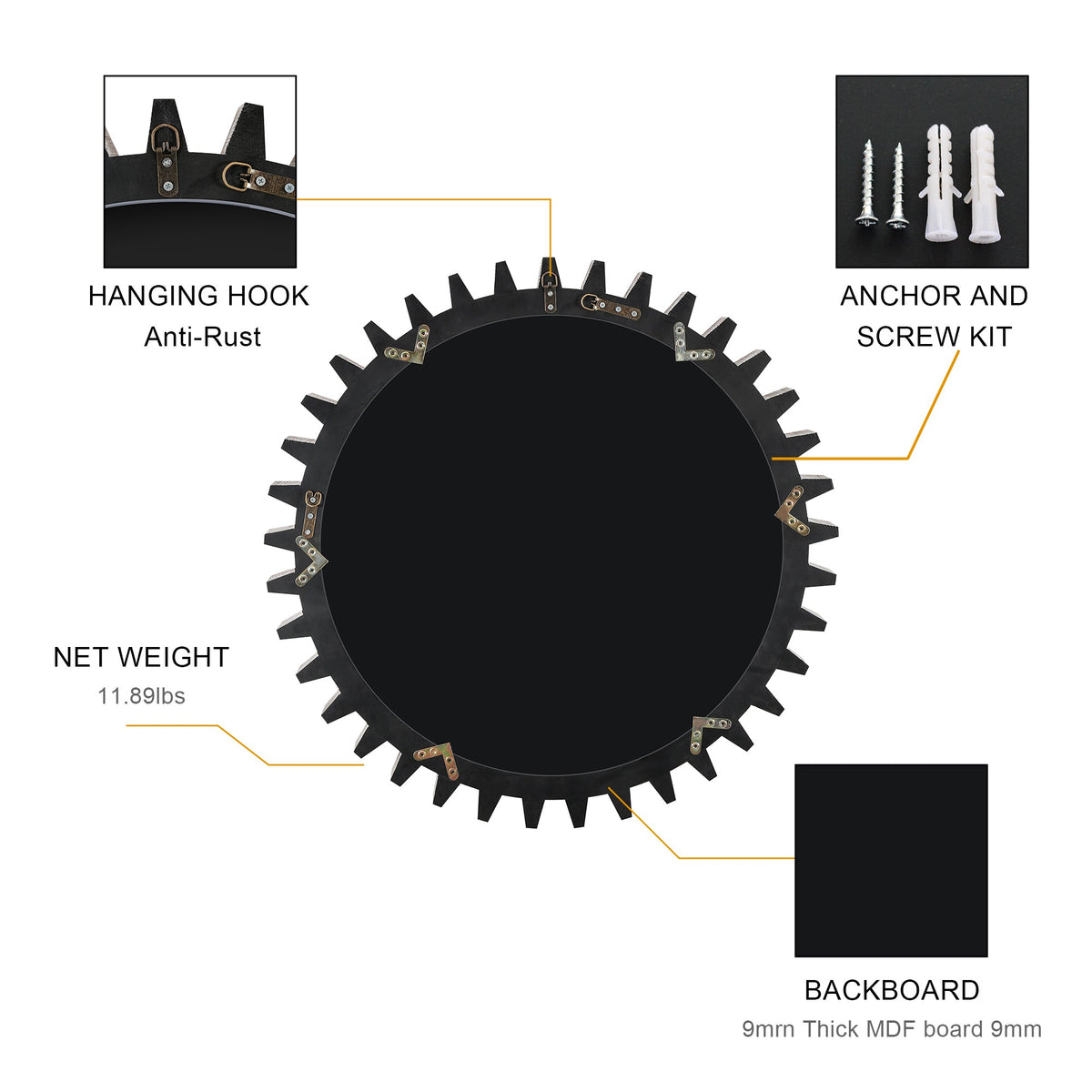Wall Mirror Round Gear-Shape Wood Frame