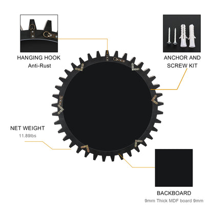Wall Mirror Round Gear-Shape Wood Frame