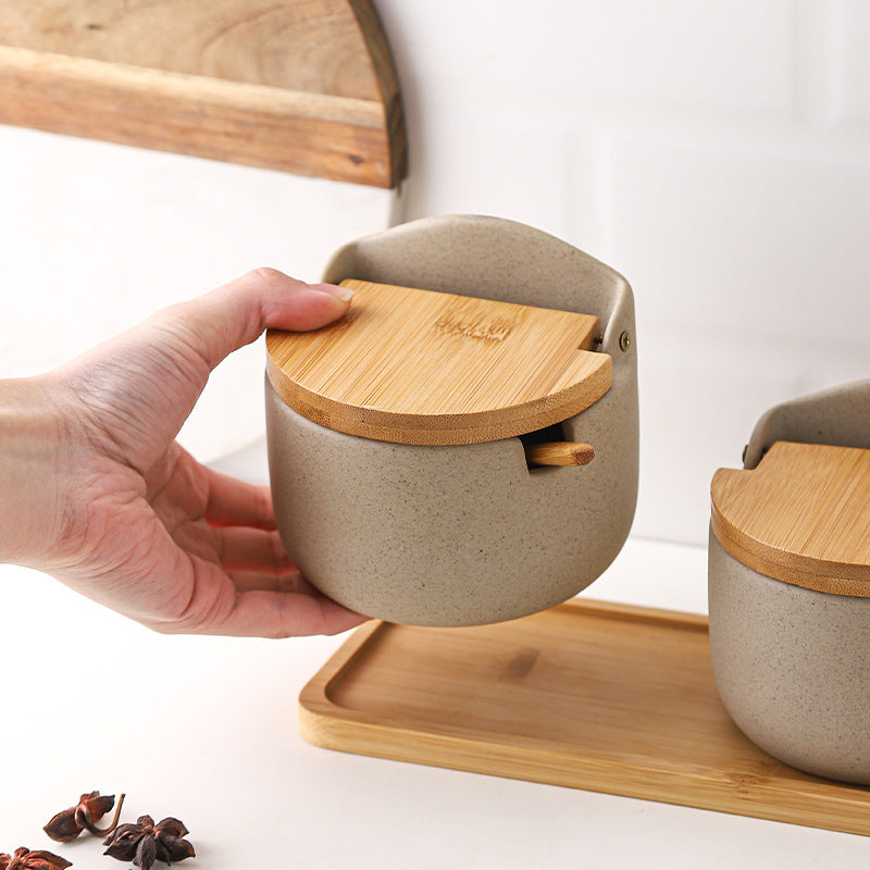 Japanese Ceramic Bamboo and Wood Lid Set