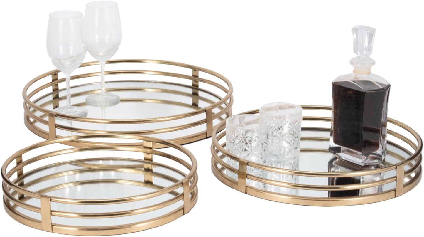 Round Mirrored Trays with Gold Metal Frame