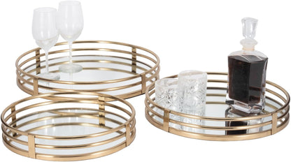 Round Mirrored Trays with Gold Metal Frame