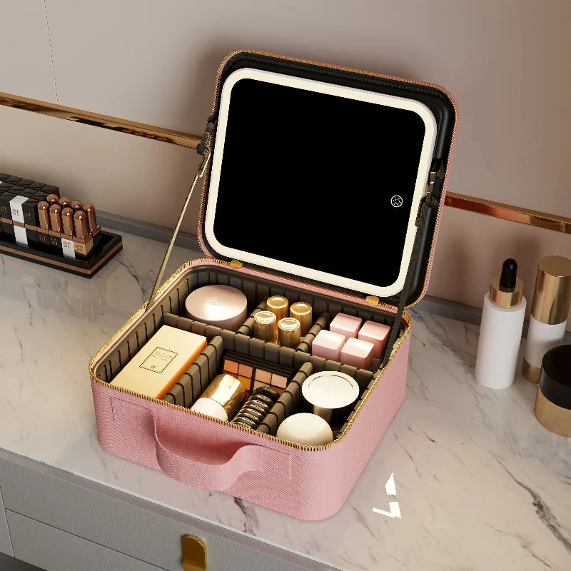 LED Light Makeup Bag with Mirror Vanity Organizer