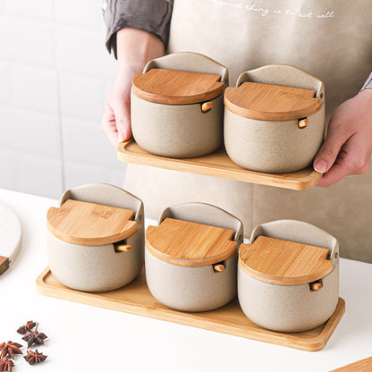 Japanese Ceramic Bamboo and Wood Lid Set