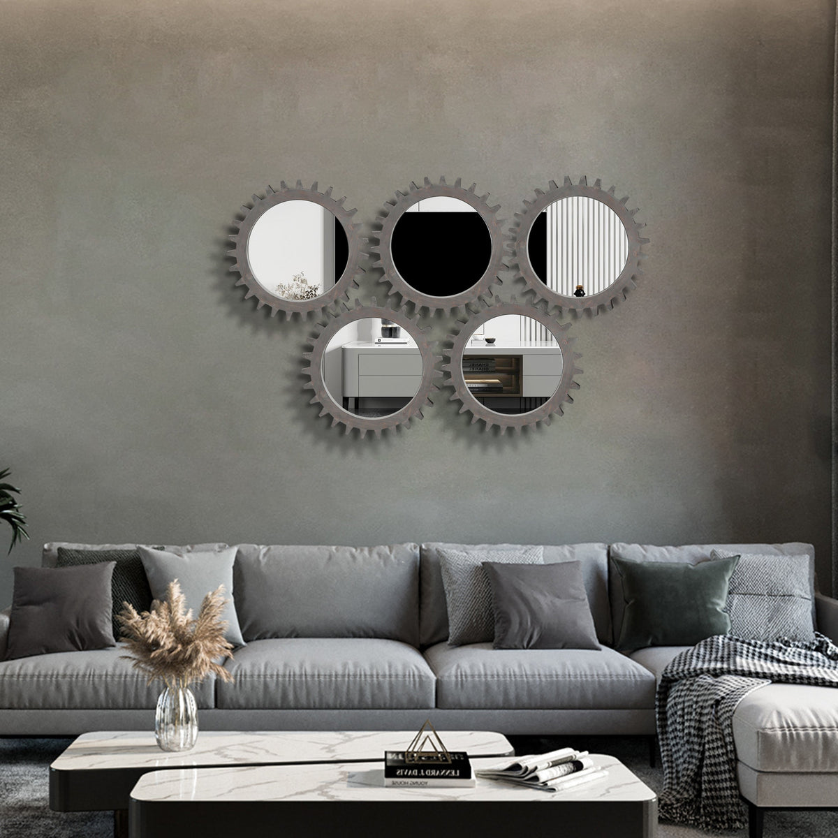 Wall Mirror Round Gear-Shape Wood Frame