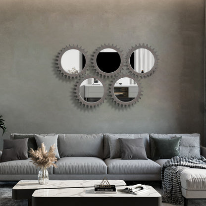 Wall Mirror Round Gear-Shape Wood Frame
