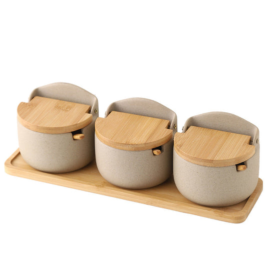 Japanese Ceramic Bamboo and Wood Lid Set