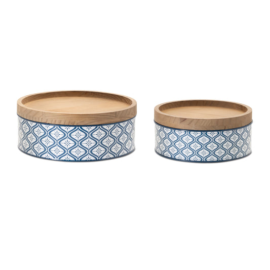 Metal Patterned Canister Set with Natural Wood Lid