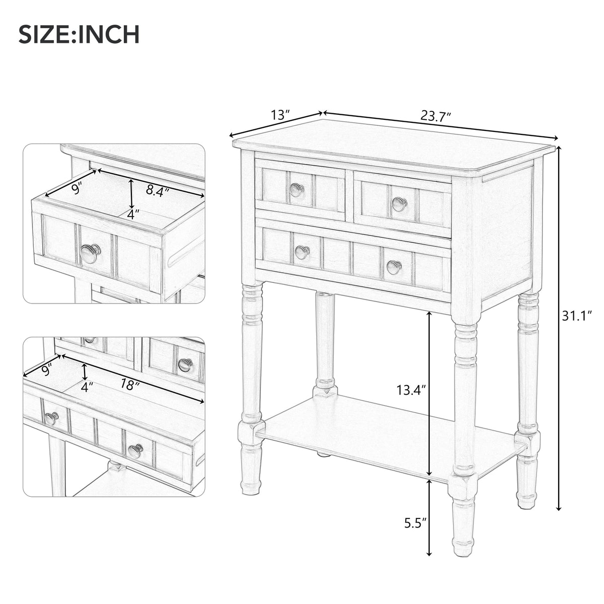 Narrow Console Table with 3 Drawers