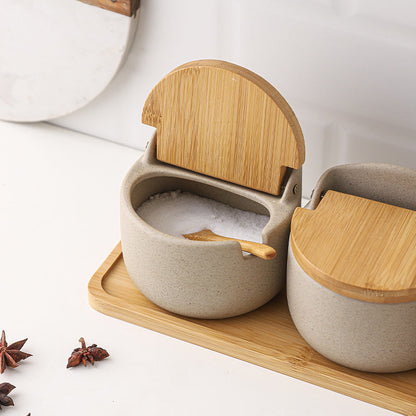Japanese Ceramic Bamboo and Wood Lid Set