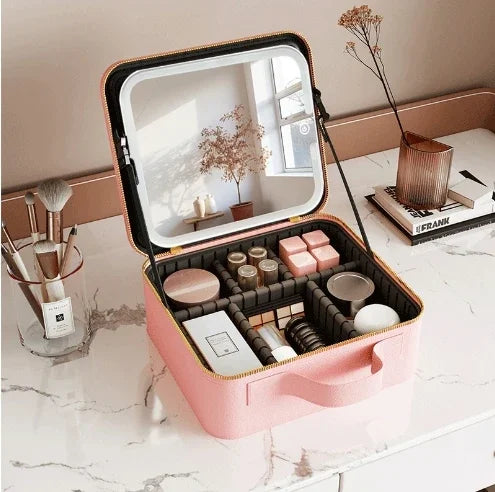 LED Light Makeup Bag with Mirror Vanity Organizer