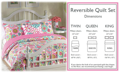 Mariah Pink Floral Dot Reversible Quilt Bedding Set